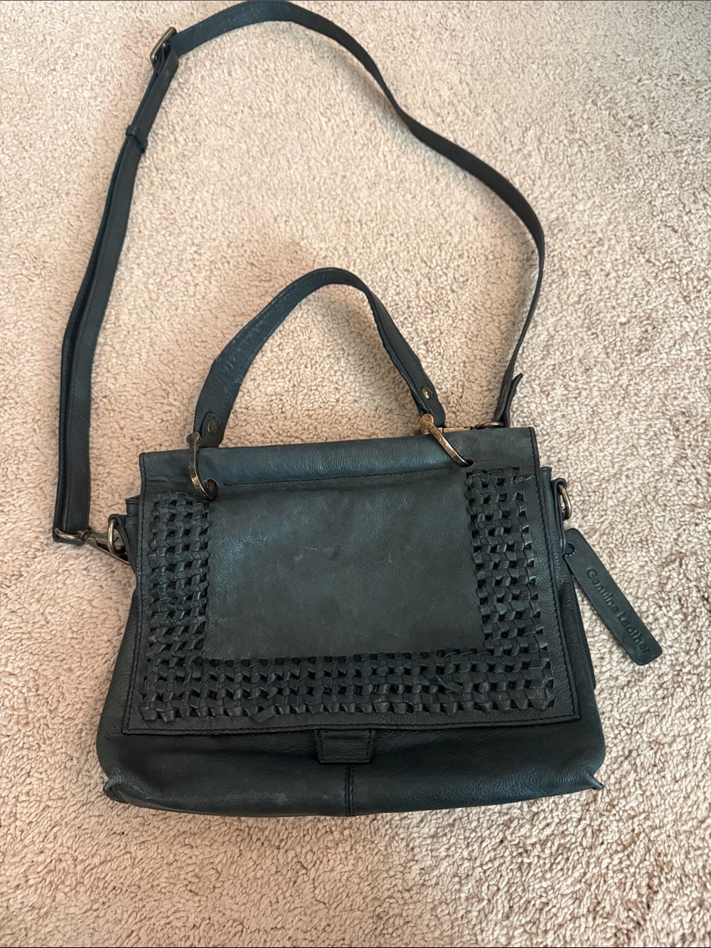 Structured Black Woven-Accent Satchel with Top Handle and Adjustable Strap